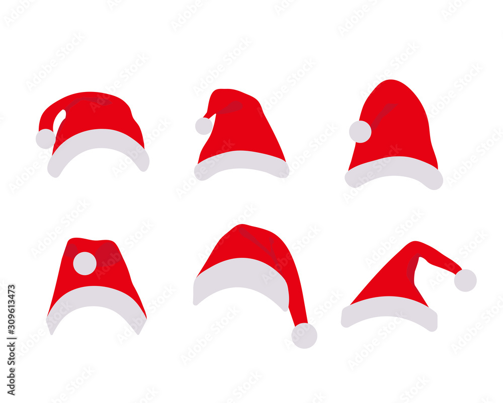 Santa Claus hats set flat cartoon style. Christmas masquerade costume concept. Isolated on a white background. Vector illustration Santa Claus hats set flat cartoon style. Christmas masquerade costume concept. Isolated on a white background. Vector illustration