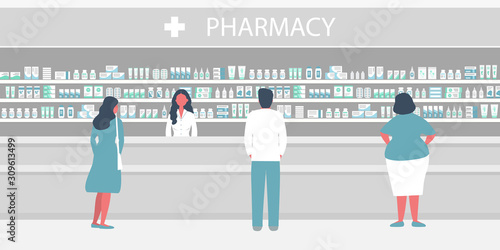 People in the pharmacy. The pharmacist stands near the shelves with medicines. There are visitors In the hall. Vector illustration