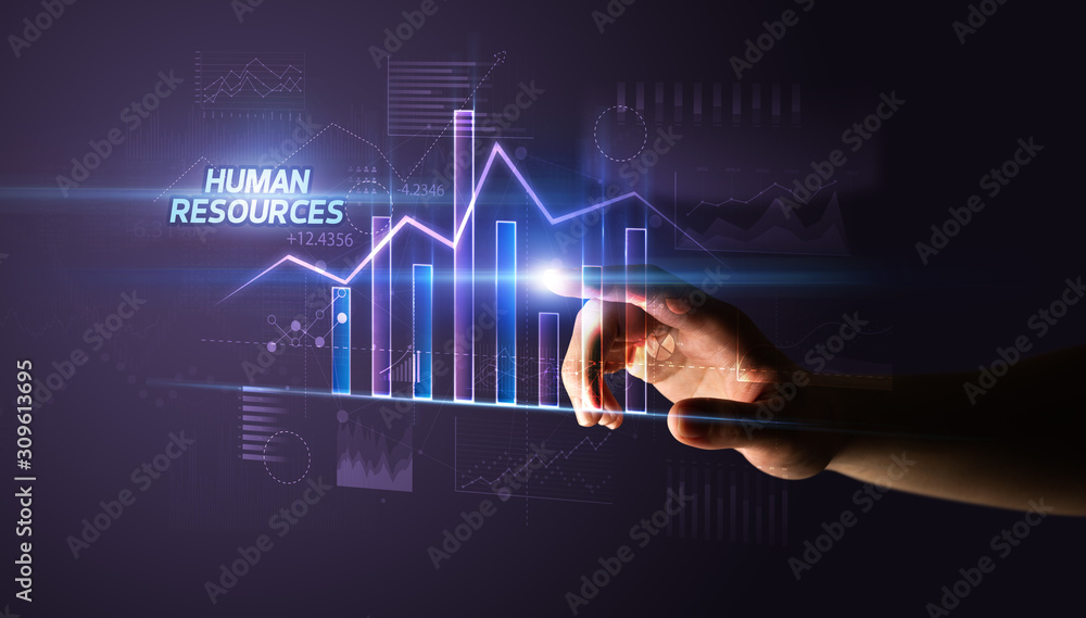 Hand touching HUMAN RESOURCES button, business concept Hand touching HUMAN RESOURCES button, business concept