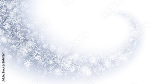 Vector Swirling Magic Snow Effect With White Transparent Snowflakes And Lights Overlay On Light Blue Background. Merry Christmas And Happy New Year Winter Holidays Abstract Illustration