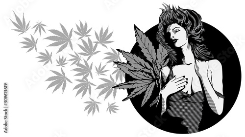 Lady with cannabis leaf. The marijuana leafs on the background