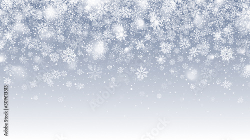 Winter Season Vector Falling Snow With Transparent Snowflakes And Lights Overlay On Light Blue Background. Merry Christmas And Happy New Year Holidays Clear Blank Subtle Design Backdrop