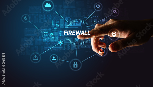 Hand touching FIREWALL inscription, Cybersecurity concept photo