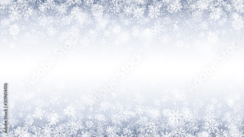 Vector Merry Christmas And Happy New Year Holidays Abstract Illustration With White Snowflakes And Lights On Light Blue Background. Falling Snow Effect On Light Backdrop