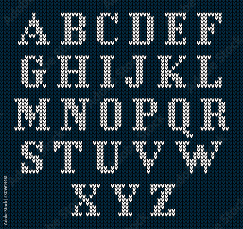 Knitted alphabet on red background. Christmas crochet font on knitted classic ornament pattern. All the letters are on different layers, it is convenient to produce words and sentences