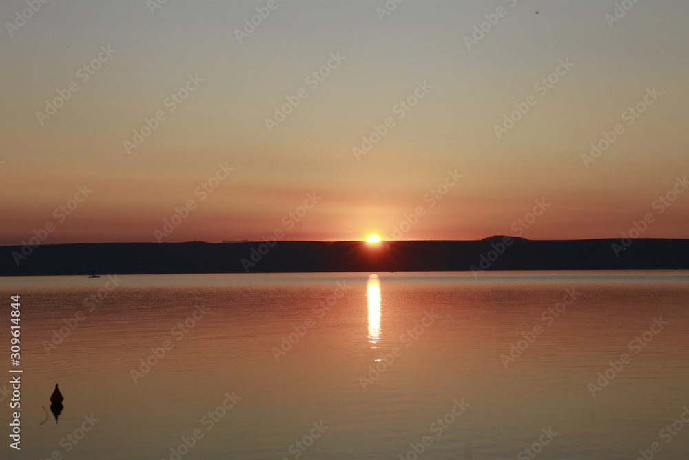 Peaceful sunrise by the sea. Croatia sunrise. Calm moment. Morning at the vacation. Beautiful nature. 