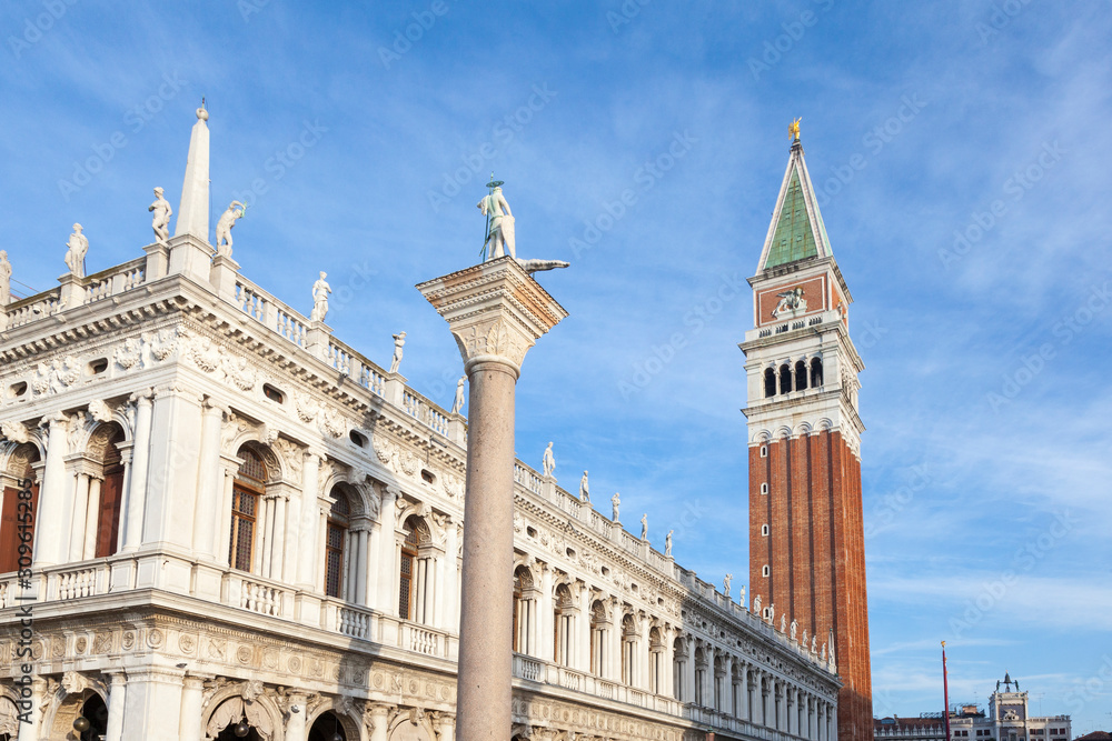 Biblioteca Nazionale Marciana, Column of San Teodoro, the Clock Tower  and St Marks Campanile, Piazza San marco, Venice, Veneto, Italy