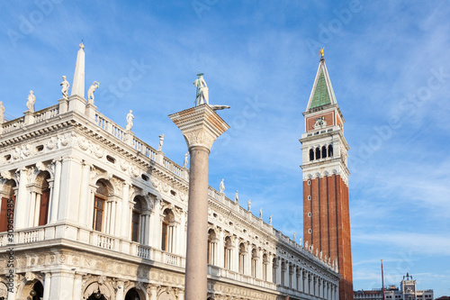 Biblioteca Nazionale Marciana, Column of San Teodoro, the Clock Tower and St Marks Campanile, Piazza San marco, Venice, Veneto, Italy