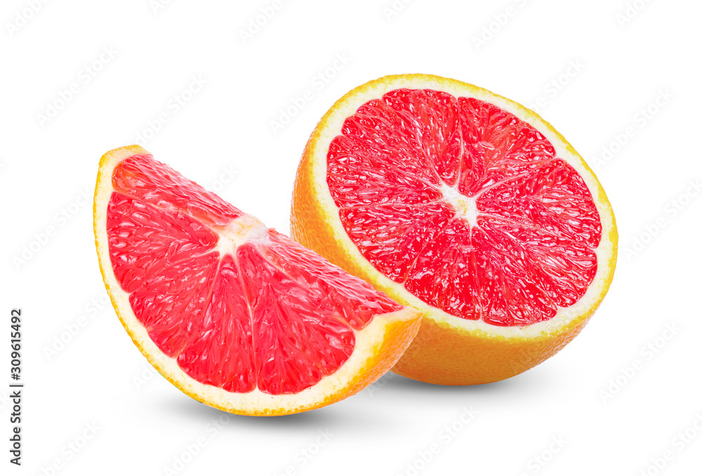 Ripe slice of pink grapefruit citrus fruit isolated on white background. Ripe slice of pink grapefruit citrus fruit isolated on white background.