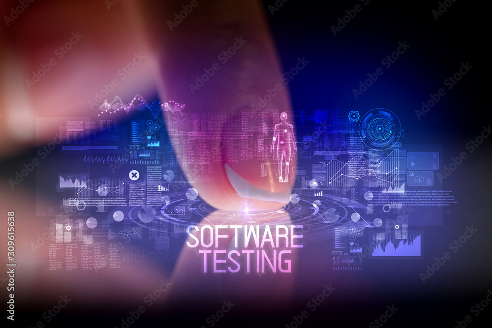 Finger touching tablet with web technology icons and SOFTWARE TESTING inscription Finger touching tablet with web technology icons and SOFTWARE TESTING inscription