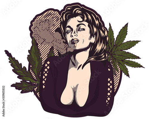 Beautiful lady smok marijuana. Cannabis leafs on the backgound of label. Vintage comics style