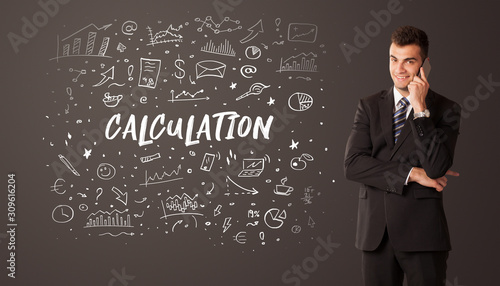 Businessman thinking with CALCULATION inscription, business education concept