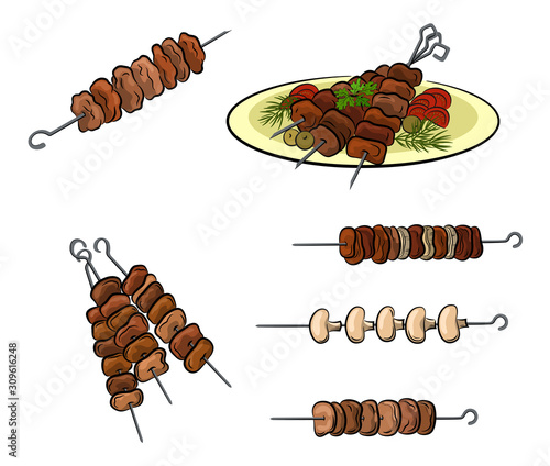 Set of Roasted Meat, Mushroom or Vegetables, Traditional Food Barbecue, Steaks, Kebab or Shashlik. Isolated on White Background. Vector