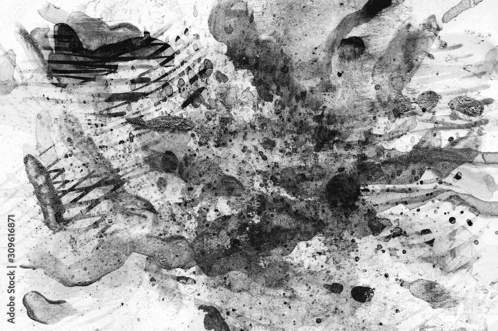 Black white horizontal abstract painting mixed grunge