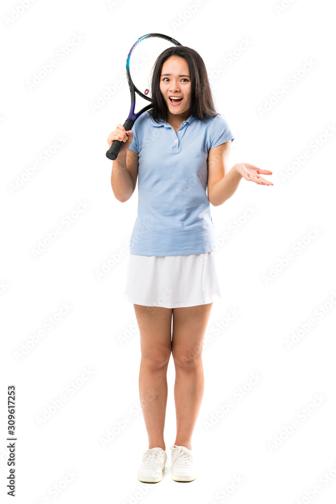 Young asian tennis player over isolated white background with shocked facial expression Young asian tennis player over isolated white background with shocked facial expression