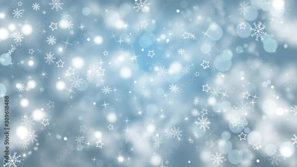 White winter Bokeh Loop. 10 seconds loop motion graphics, blue winter background with white asbowflakes, particles and stars, White winter Bokeh Loop. 10 seconds loop motion graphics, blue winter background with white asbowflakes, particles and stars,