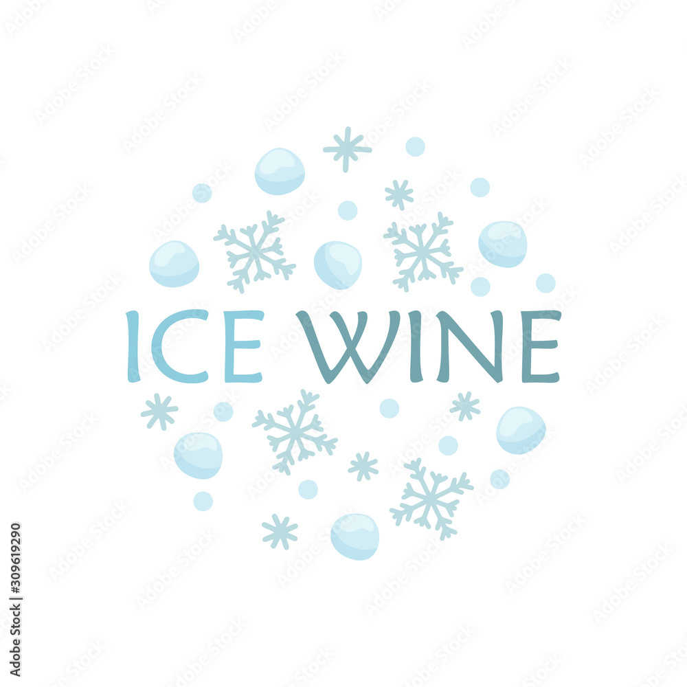 Blue illustration of ice wine. Flat round poster, sticker or logo. Cartoon snowflakes, snowballs and text. Hand drawn vector drink concept. Isolated icon on white background Blue illustration of ice wine. Flat round poster, sticker or logo. Cartoon snowflakes, snowballs and text. Hand drawn vector drink concept. Isolated icon on white background