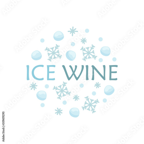 Blue illustration of ice wine. Flat round poster, sticker or logo. Cartoon snowflakes, snowballs and text. Hand drawn vector drink concept. Isolated icon on white background