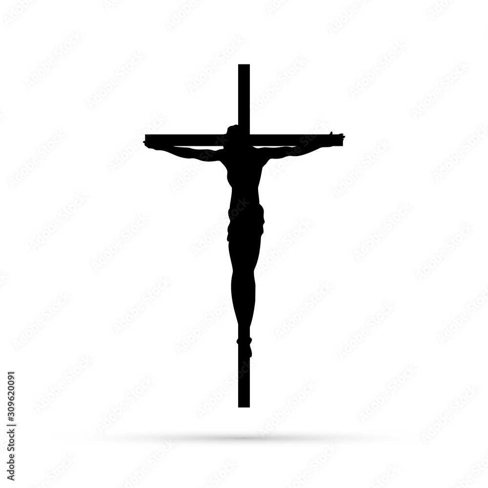 Silhouette of the crucifixion of Jesus Christ on a white background ...