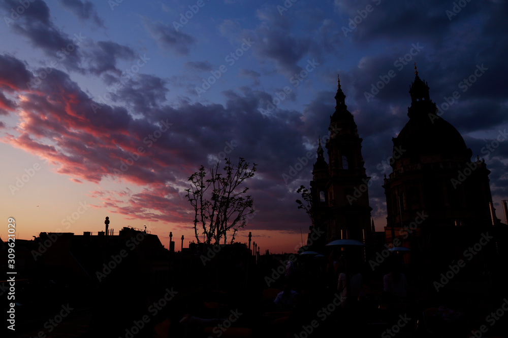 View from the rooftop in Budapest, Hungary. Silhouette of the St. Stephen's Basilica. 