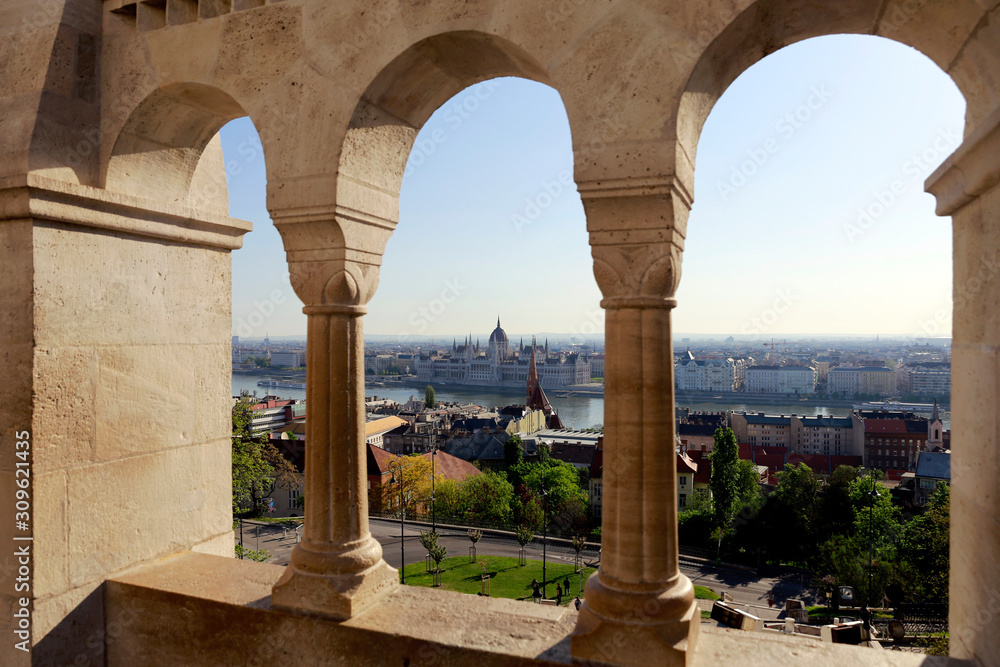 View from the Fisherman's Bastion on the Hungarian Parliament and Budapest. 