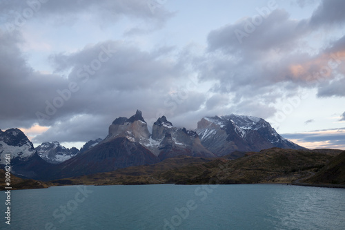 First light of dawn in the landscape of the Torres del Paine mountains in autumn, Torres del Paine National Park, Chile