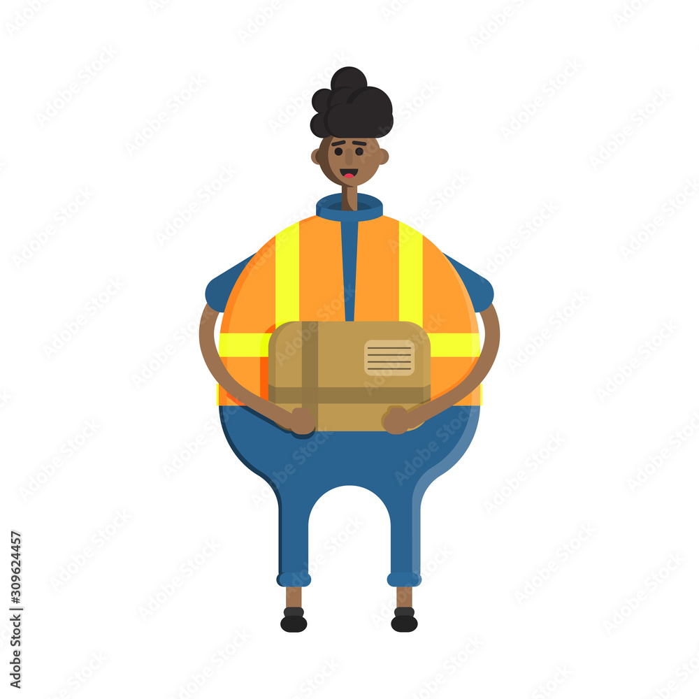 Delivery worker orders. A man with a parcel in his hands. Cartoon character. Vector.