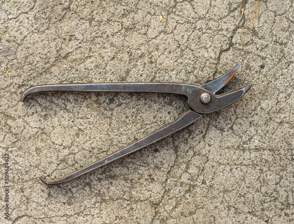 Obraz premium old metal scissors lying on cracked asphalt