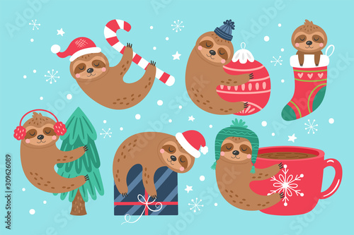 Christmas holiday cute sloth character set.