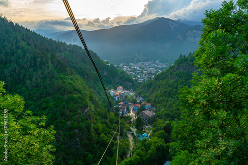 BORJOMI, GEORGIA - JUNE 27, 2019: One of the favorite tourist attractions in resort is the cable car ride over the Mineral Water Park and Borjomi