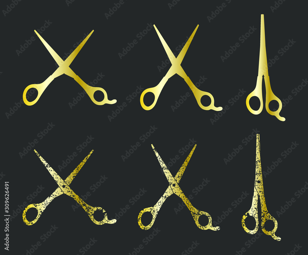 Golden Barber scissors icon shape set. Barbershop grunge logo symbol