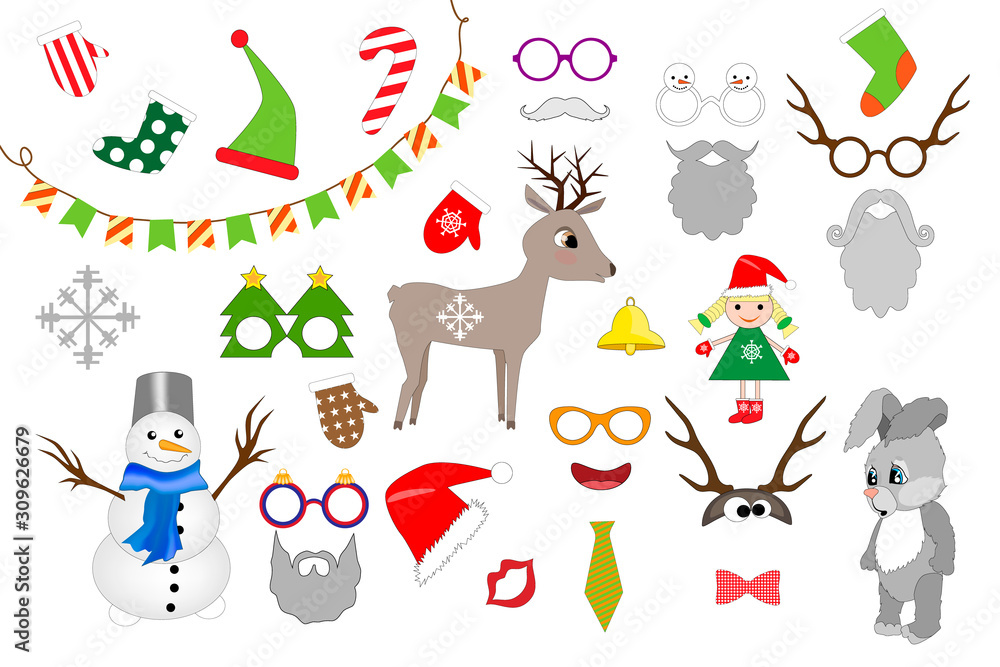 Photo Booth Props and Scrapbooking Vector Set for New Year party. Christmas colorful element set for holiday design.