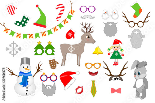Fototapeta Naklejka Na Ścianę i Meble -  Photo Booth Props and Scrapbooking Vector Set for New Year party. Christmas colorful element set for holiday design.