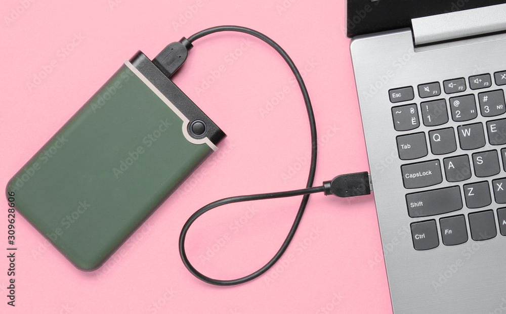 External hard drive connected to laptop on pink background. Top view External hard drive connected to laptop on pink background. Top view