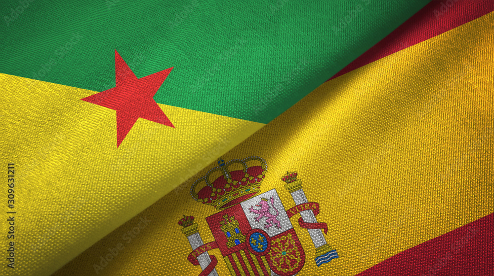 French Guiana and Spain two flags textile cloth, fabric texture French Guiana and Spain two flags textile cloth, fabric texture