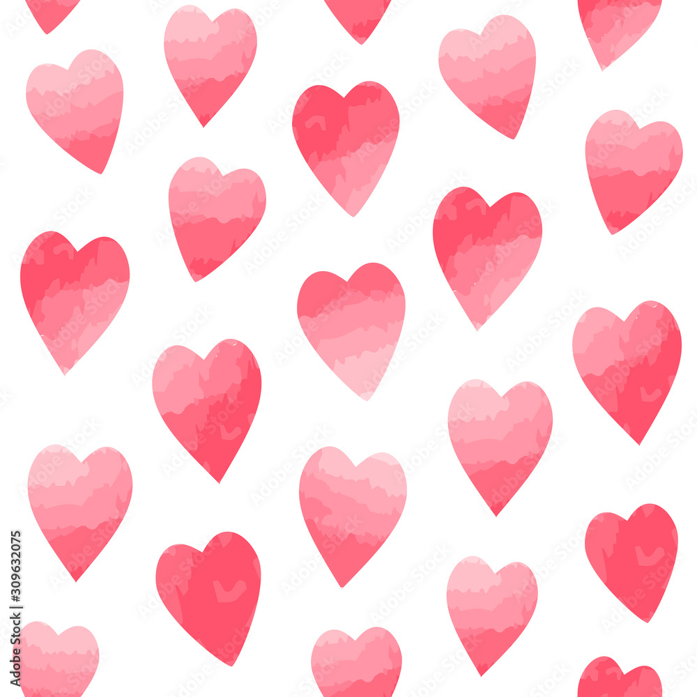 Seamless vector pattern with hearts in watercolor effect.