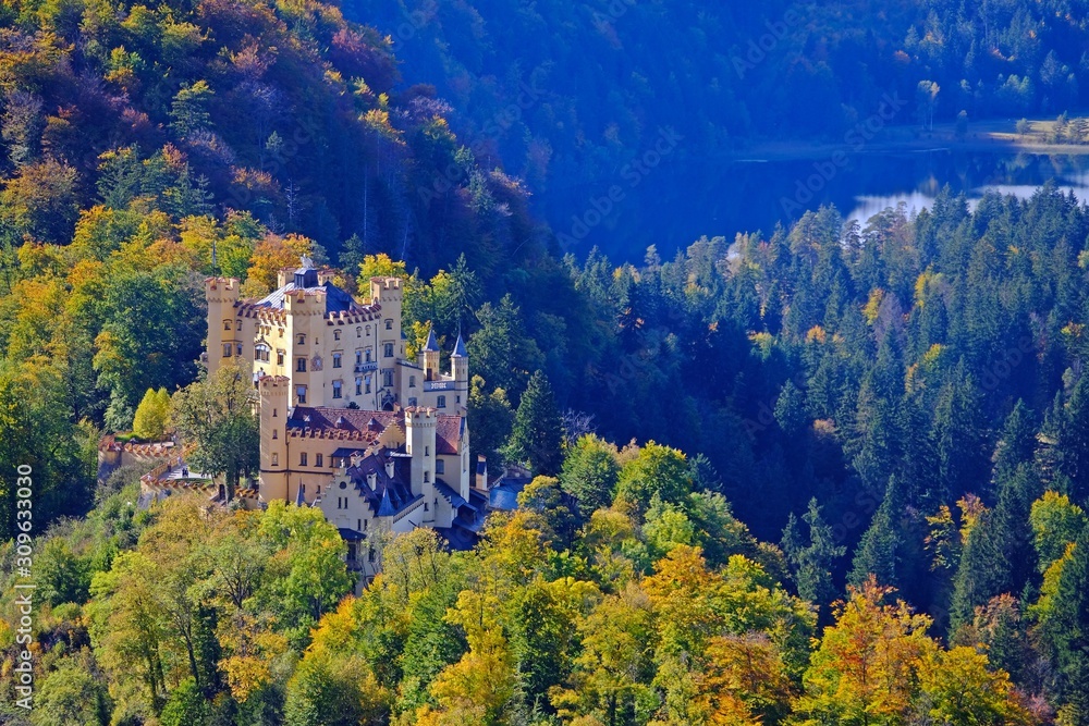 Hohenschwangau Castle surrounded with Fall or Autumn forest, Castle in Schwangau, Germany