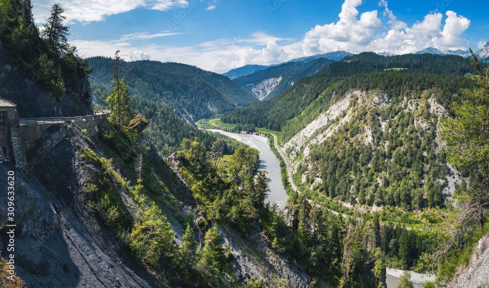 Summer panoramic view of Ruinaulta canyon created by the Anterior Rhine in the Grisons, eastern Switzerland