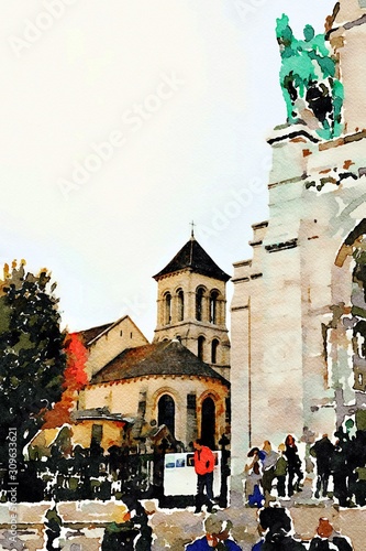 a glimpse of the entrance square of the church of the Sacre Couer in the Montmartre district in Paris in the autumn