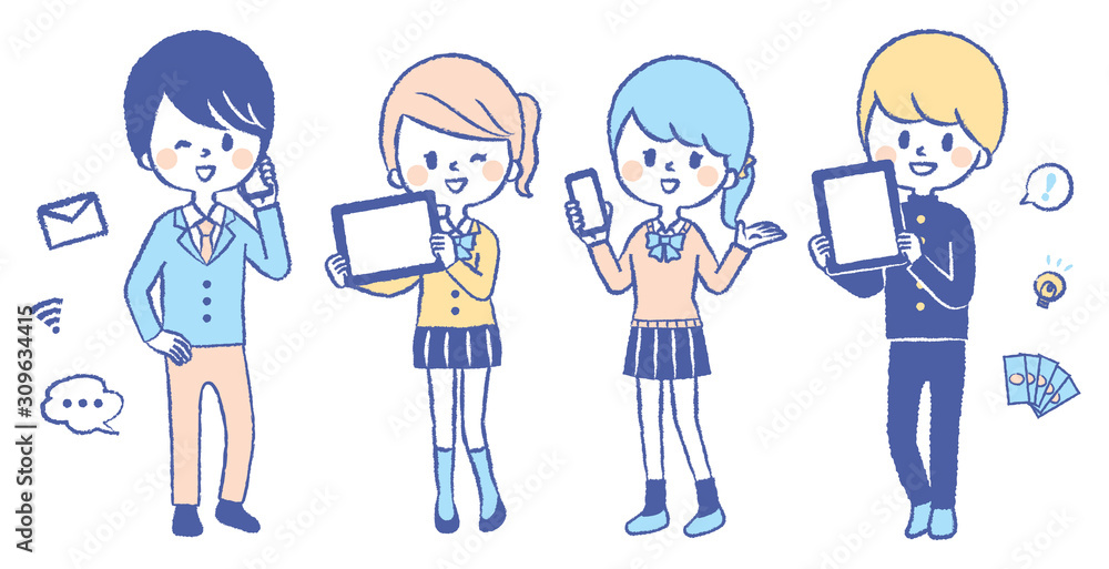 Illustration set of students with smartphone and tablet Illustration set of students with smartphone and tablet