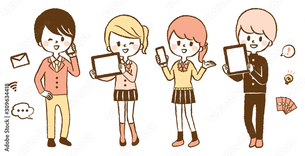 Illustration set of students with smartphone and tablet Illustration set of students with smartphone and tablet