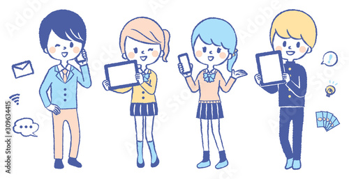 Illustration set of students with smartphone and tablet