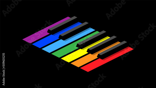 Piano keyboard in octave for icons, logo on a black background. Isometric style image. Seven colors of the rainbow on each key.