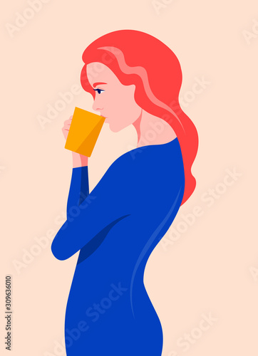 Red Haired girl drinks a hot drink from a cup. Profile of a standing woman in a tight-fitting dress. Vector flat illustration