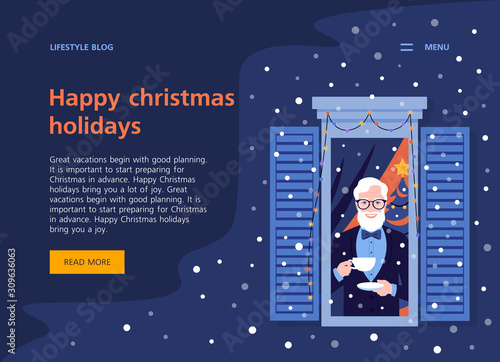 Happy old man with a cup in the window. Christmas holidays. Neighborhood. Grandfather. Winter snowfall. Landing page and website template. Vector flat illustration
