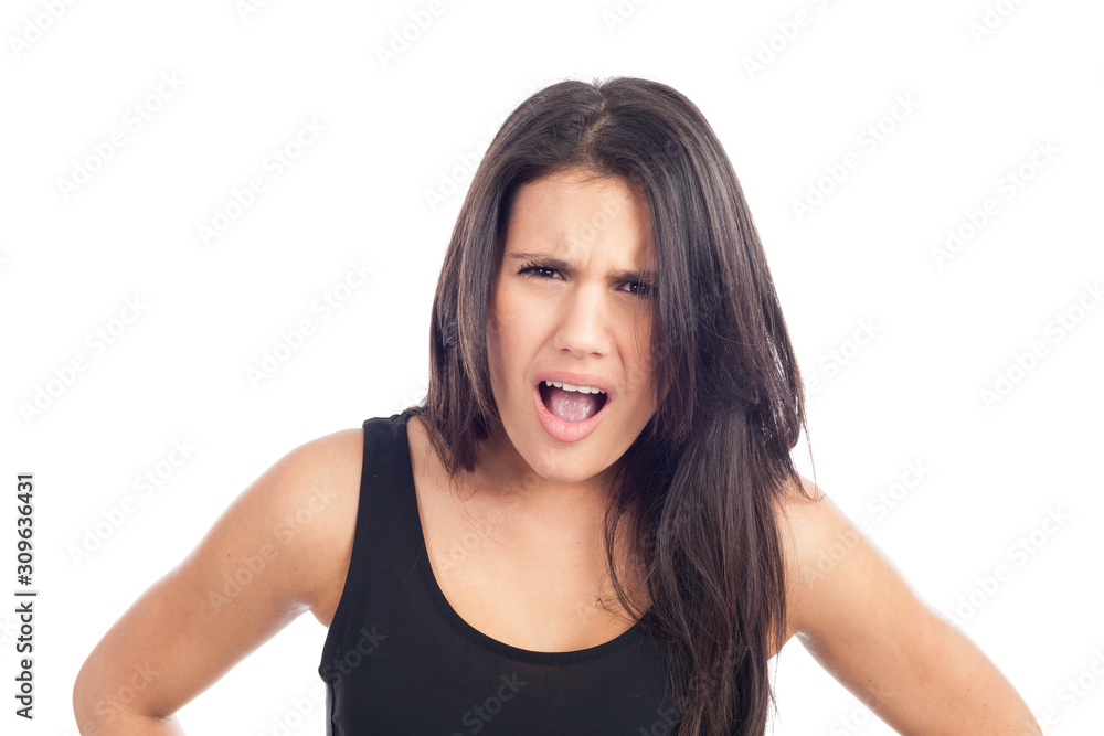 portrait of angry young brunette woman screaming portrait of angry young brunette woman screaming