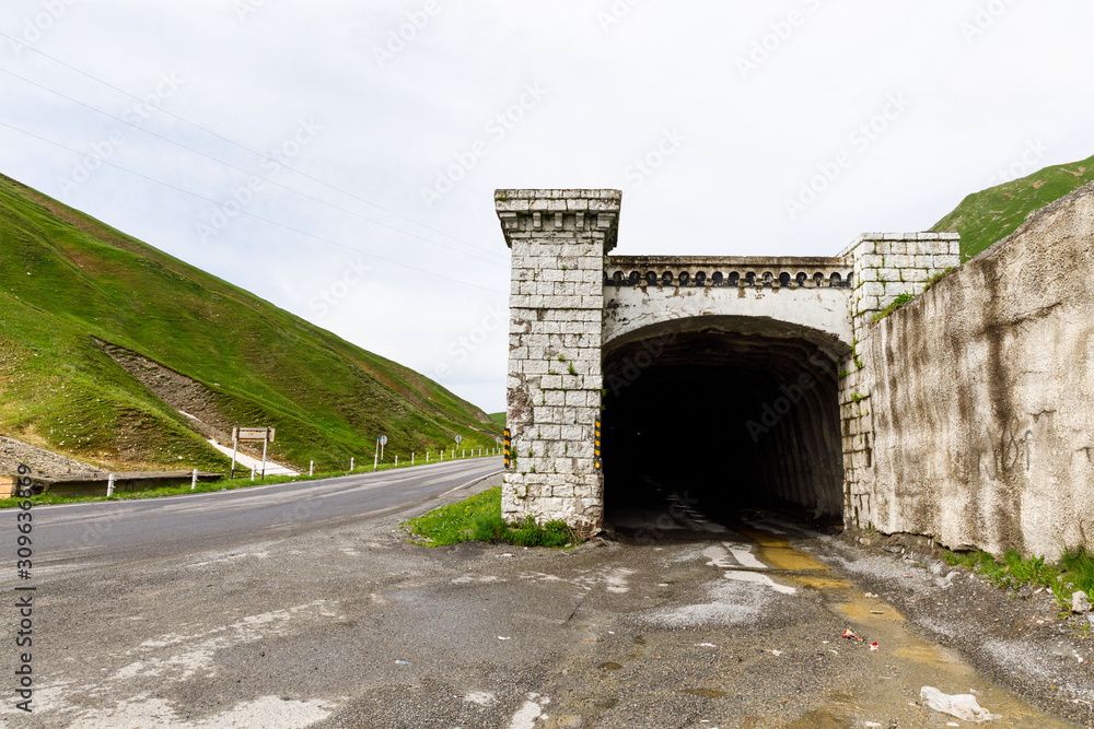 tunnels on the pass in caucasus mountains. Georgian Military Road. Kudskoe or Gudskoe gorge. Jvari pass near the ski resort Gudauri.