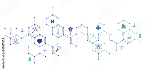 icone, mediche, farmaceutica, struttura esagonale, salute	