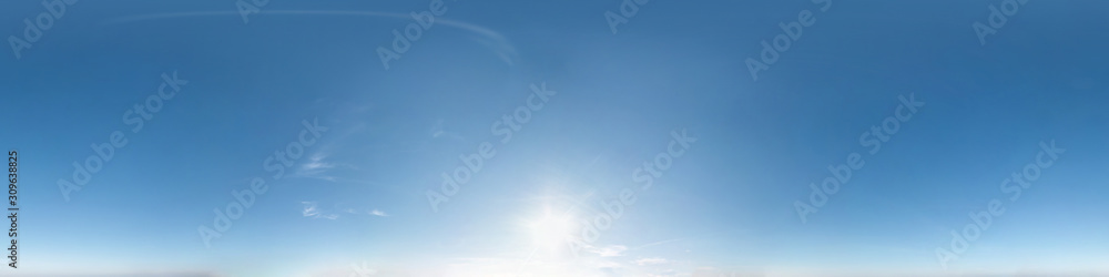clear blue sky with scorching sun. Seamless hdri panorama 360 degrees angle view with zenith for use in 3d graphics or game development as sky dome or edit drone shot