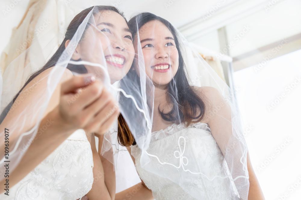 Beautiful Asian homosexual couple smiling in bride dress.Concept LGBT lesbian. Beautiful Asian homosexual couple smiling in bride dress.Concept LGBT lesbian.